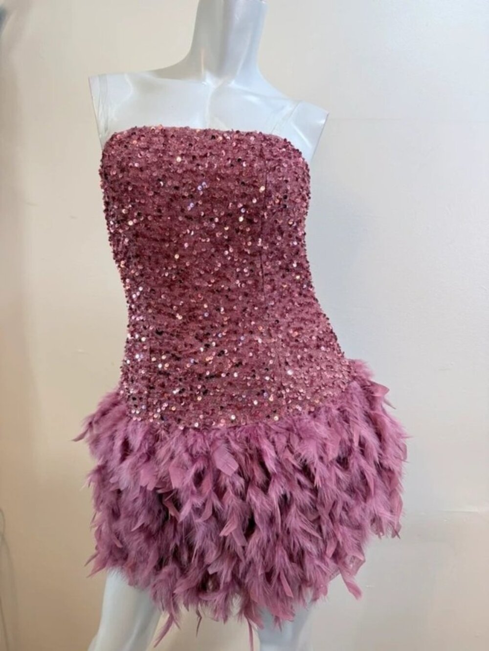 Coquette Barbiecore Flapper Showgirl Vegas Glam Sequin Feather Strapless Dress S